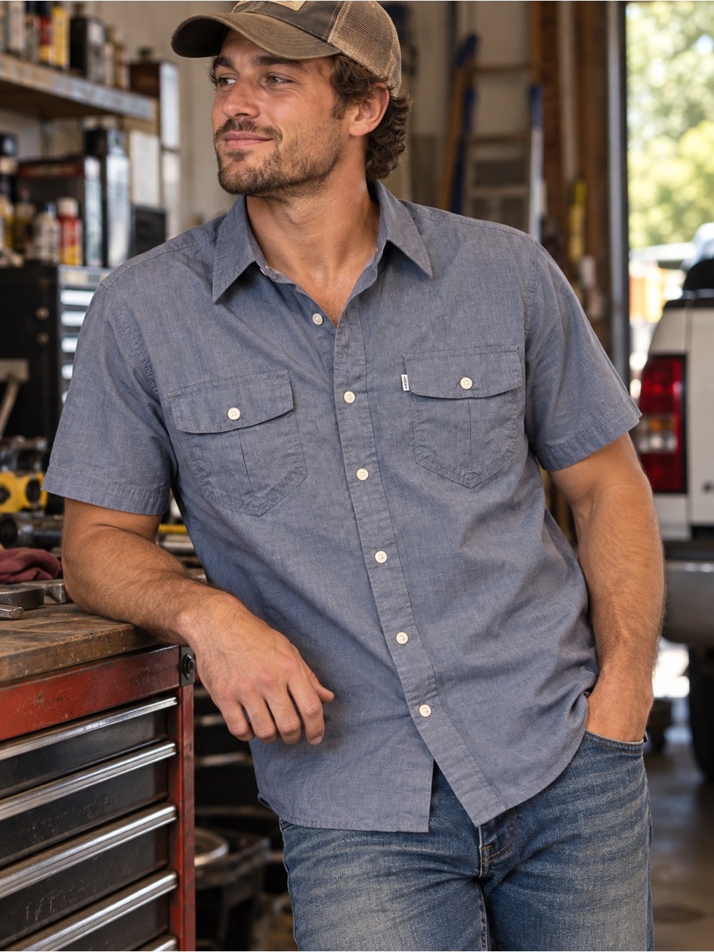 Levi’s Modern Men’s Large Blue Chambray Short Sleeve Work Shirt Western